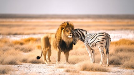 Fototapeta premium A striking scene of harmony in nature. A majestic lion and a zebra share a moment in a golden landscape. Wildlife photography capturing friendship and coexistence. AI