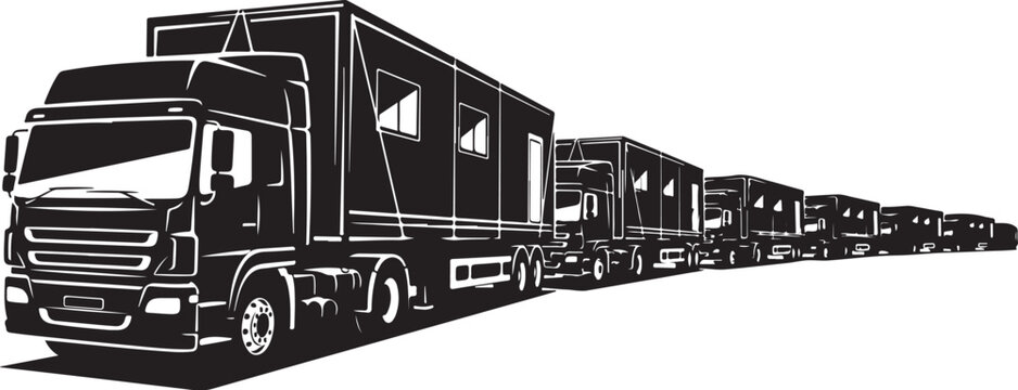Truck convoy, semi-truck fleet, black and white illustration, transportation icons