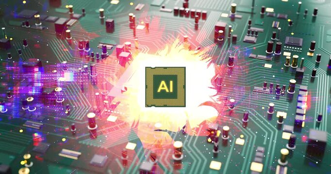 Artificial intelligence CPU processor on circuit board with fire effects. AI Technology Related 3D Computer Animation.