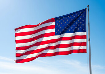 Fototapeta premium The american flag waving proudly against a bright blue sky symbolizing freedom and patriotism