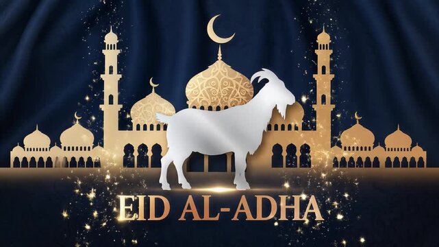 Eid al-Adha Greeting Card with Mosque and Goat Silhouette
