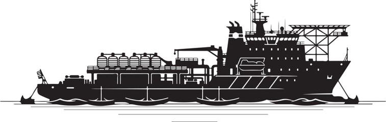Obraz premium Industrial cargo ship, black silhouette, vector illustration, maritime vessel, transportation icon