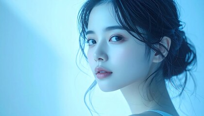 Naklejka premium Beautiful Young Woman with Blue Lighting and Soft Makeup.