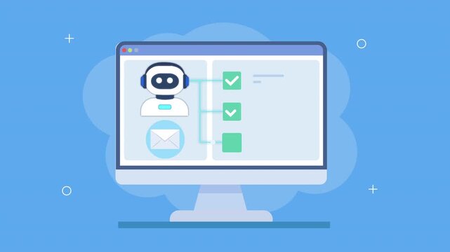 Animated AI dashboard with email icon, checklist, and system panel, showing communication automation, message management, and digital workflow monitoring.