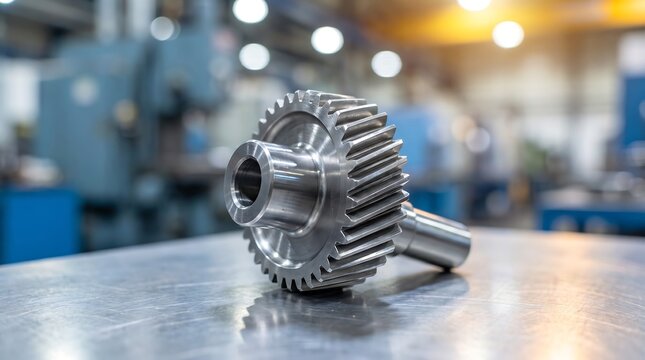 Industrial precision a close up of a steel spur gear on a metal workbench in a factory setting