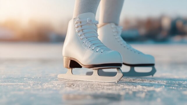 Woman in White Ice Skates on Frozen Lake, Close-Up of Legs Reflecting Winter Landscape at Sunset
