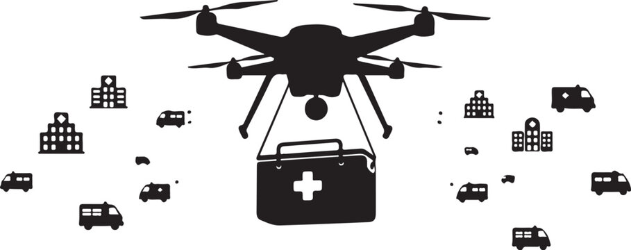 Drone delivering first aid kit, medical relief, disaster response, emergency aid, rescue mission