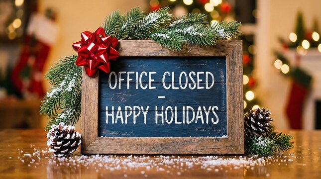 Festive holiday closure notice a charming wooden chalkboard announces an office is closed for happy holidays