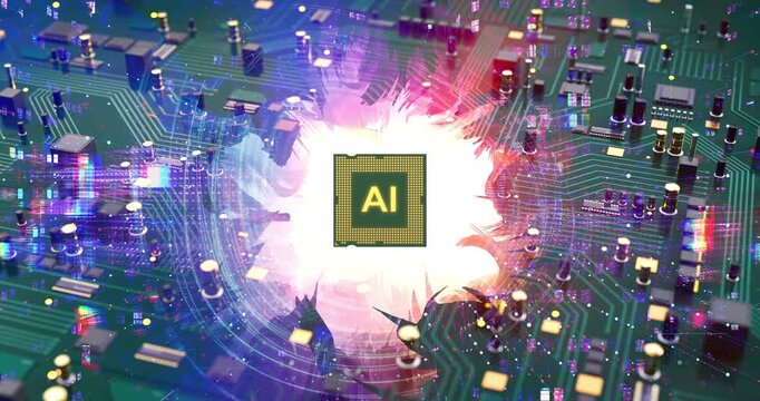 Digital AI microchip processing data on a 3D computer motherboard. AI Technology Related 3D Computer Animation.