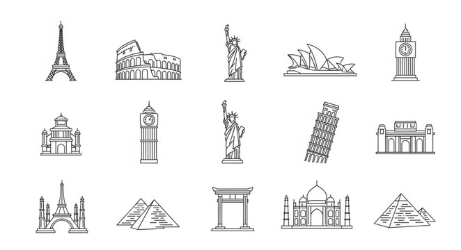 Collection of famous world landmarks in a simple line art style.