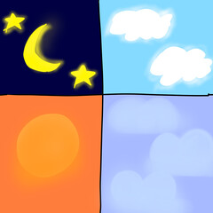 Fototapeta premium A set of 4 sky: sunny morning with sun and clouds, dawn, afterdawn, night, sunset, moon, stars, half moon (dark blue) background illustration vector backdrop wallpaper landscape design abstract icon