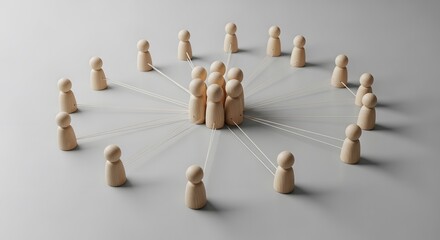 Obraz premium Community collaboration and central team concept, wooden human figures grouped at the center forming a hub