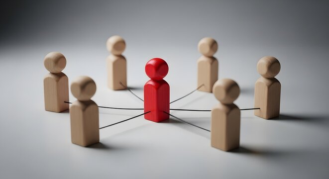 Central leadership and influence concept, wooden human figures connected in a network