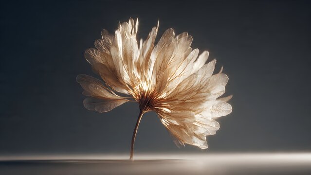 Closeup of a delicate white dandelion seed head on a dark background with soft floating seeds