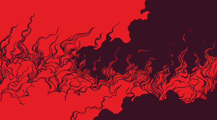 Hand drawn Japanese inspired fire burning background. Vintage woodcut style featuring dynamic white stippled flames on a bold red backdrop. Artistic elemental nature illustration. © LineHarvest 