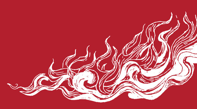 Hand drawn Japanese inspired fire and flame background. Vintage woodcut style featuring dynamic white brush line flames on a bold red backdrop. Artistic elemental nature illustration.