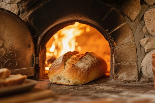 Freshly baked bread in a stone oven with visible flames and rustic surroundings