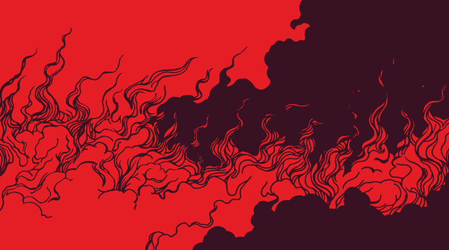Hand drawn Japanese inspired fire burning background. Vintage woodcut style featuring dynamic white stippled flames on a bold red backdrop. Artistic elemental nature illustration.