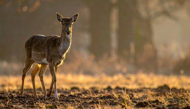 Fallow deer stands serenely in a field with golden light and blurred trees