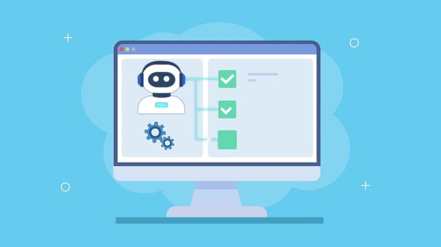 Animated AI dashboard with settings icon, checklist, and system panel, showing configuration management, automated tasks, and digital workflow monitoring.