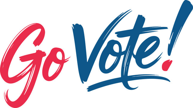 Go vote handwritten typography lettering in red and blue colors for democratic election awareness and patriotic social campaign.