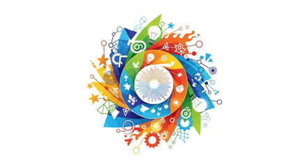 A colorful vector art illustration celebrates World Creativity and Innovation Day, featuring a central swirling design surrounded by icons and abstract shapes, conveying a vibrant © HambaTuhanImages