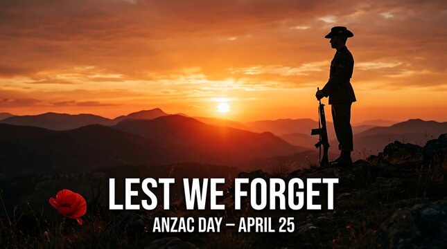 Silhouette of soldier at sunset commemorating anzac day remembrance