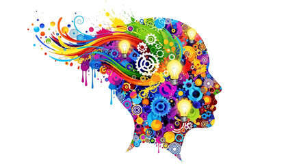 Vibrant vector illustration celebrating World Creativity and Innovation Day, depicting a human head silhouette filled with colorful gears and paint splashes against a clean white © HambaTuhanImages