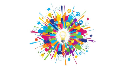 A vibrant vector illustration celebrates World Creativity and Innovation Day with a central lightbulb icon emitting colorful, abstract shapes against a clean white background © HambaTuhanImages