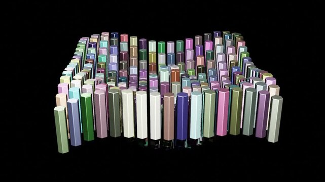 3D animation hexagonal grid multi-colored pillars.  circular formation  move vertically synchronized, undulating wave pattern ripples technology muted pastel lavender sage green rose 