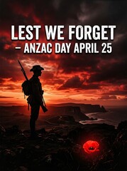 Remembrance of anzac day with a soldier silhouette at sunset on april 25th