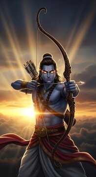 Divine Lord Rama Standing with Bow in Majestic Sunset Sky