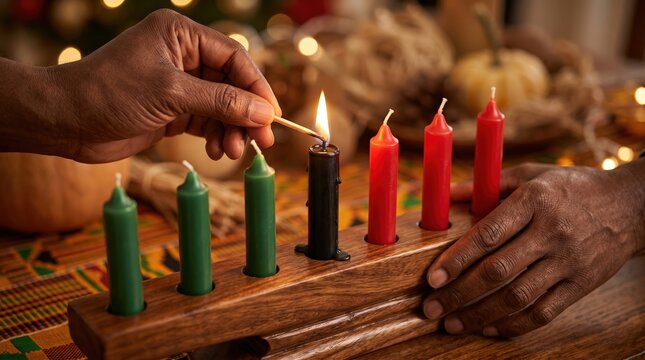 Kwanzaa celebration lighting kinara candles, cultural tradition and festive spirit