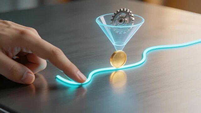 Hand Interacts with Digital Funnel Symbolizing B2B Account Based Marketing, Innovation, and Strategy in Glowing Line Context