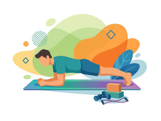 Fototapeta premium Man doing plank exercise on a yoga mat with gym equipment