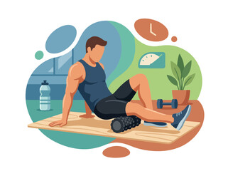 Fototapeta premium Man Using Foam Roller for Muscle Recovery in Gym Vector Illustration