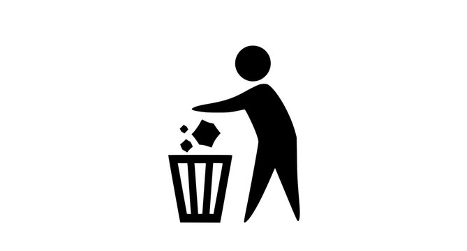 Black silhouette of a person disposing of waste into a wastebasket on a white background