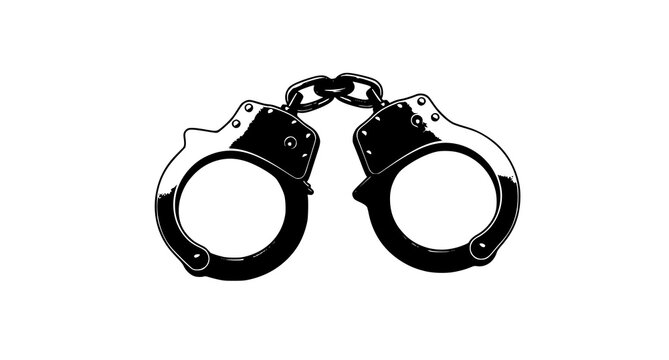 Black handcuffs isolated on white background symbol of law enforcement restriction and criminal justice system