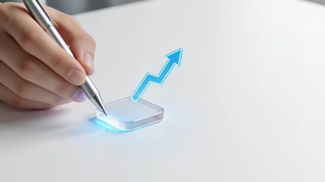 Hand Holding Pen Drawing Glowing Arrow on Digital Interface Symbolizing Growth in Account Based Marketing for B2B Strategies