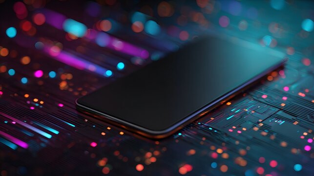 A sleek black smartphone lies on a vibrant circuit board with colorful neon lights
