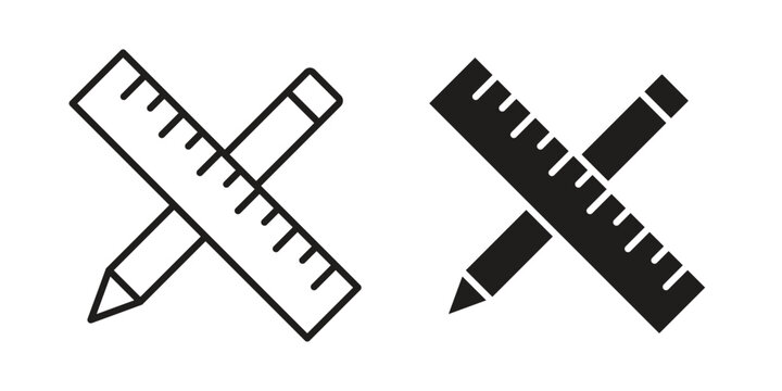 Pencil and ruler icon simple black and white line and clip art illustrations