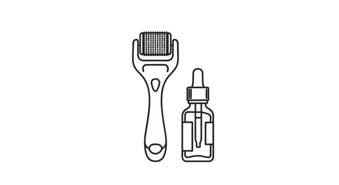 Vector illustration featuring a microneedling derma roller tool alongside a skincare serum bottle with a dropper pipette, black and white line art icon on white background.
