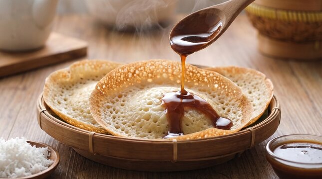 Warm Serabi Solo Pancakes Drizzled with Sweet Syrup and Grated Coconut