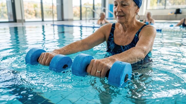 Senior woman engaging in water aerobics with dumbbells, focusing on healthy active lifestyle