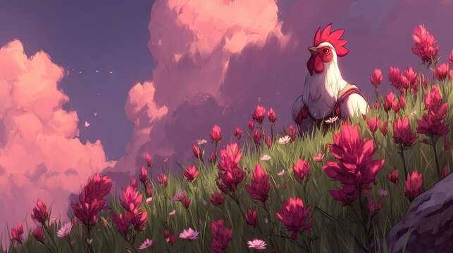 Majestic White Rooster Standing Among Pink Wildflowers on Hill at Sunset