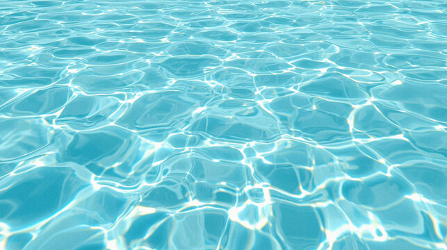 Crystal clear blue swimming pool water surface texture with bright sun light reflections. High resolution ripple background for luxury summer travel, spa wellness, vacation ads, or refreshing liquid