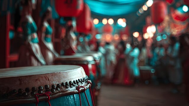 A drummer playing a red drum on a lively city street at night with bright lights and people around