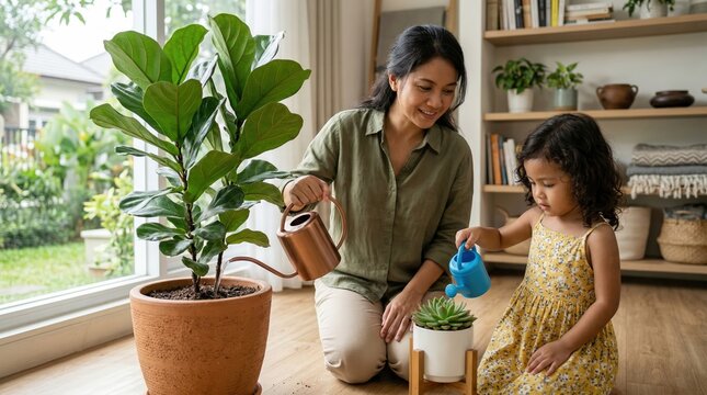 Mother and daughter watering plants in a bright sunlit room