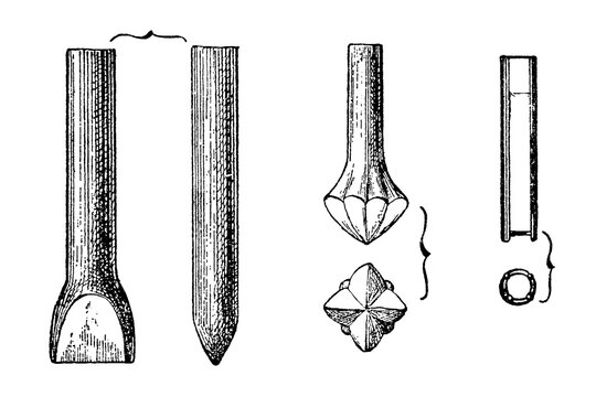 Stone quarrying tools, ancient chisels and styluses with varying shapes and bevel angles, vintage tool illustration, old vintage illustration, 1895.