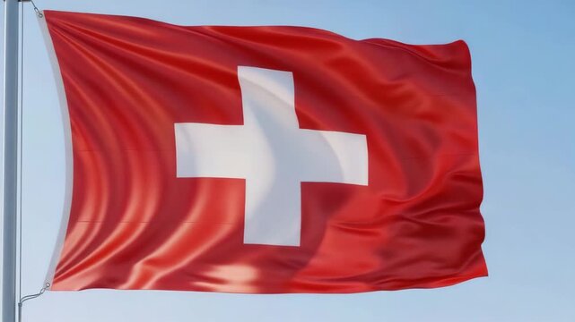 Swiss flag waving in the wind against a blue sky  